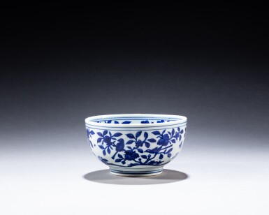 View full screen - View 1 of Lot 128. A blue and white 'bird and flower' bowl, Mark and period of Jiajing | 明嘉靖 青花花鳥紋盌 《大明嘉靖年製》款.