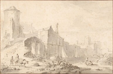 View full screen - View 1 of Lot 257. Travellers by a bridge, outside the walls of a town.