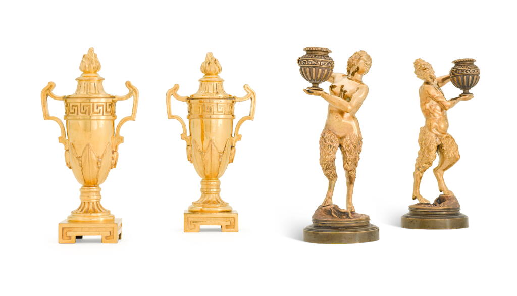 View full screen - View 1 of Lot 63. A pair of George III style gilt brass cassolettes, 19th century, in the manner of Matthew Boulton.