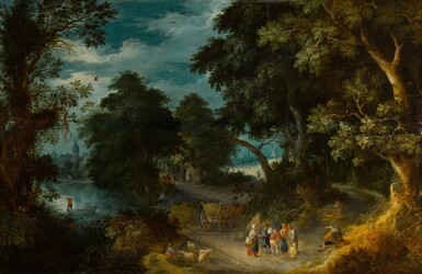 View full screen - View 1 of Lot 23. A wooded river landscape with travellers and peasants on a path, men in a boat and a village beyond.