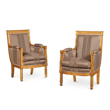 View full screen - View 1 of Lot 549. A Pair of Restauration Carved Giltwood Bergères, Circa 1820 .