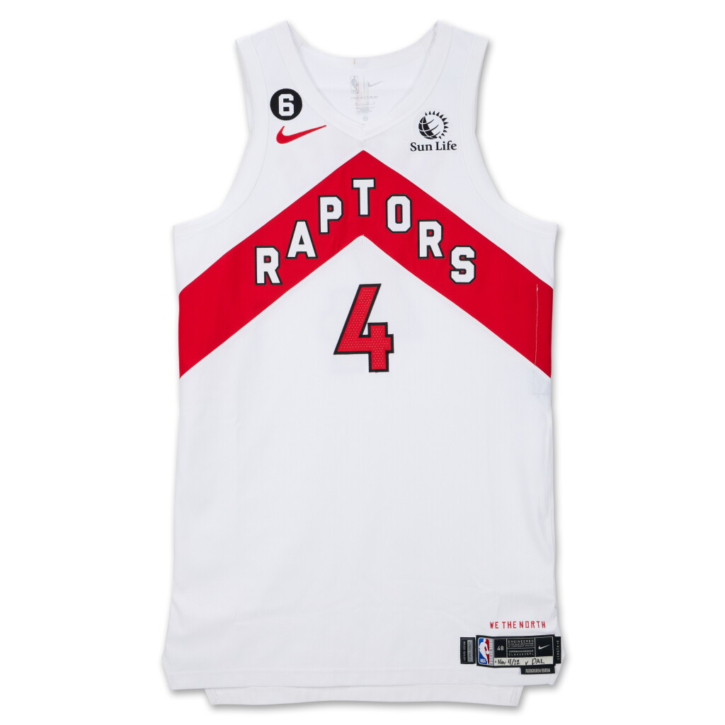 View full screen - View 1 of Lot 53. Scottie Barnes Toronto Raptors 2022-2023 Game Worn Away Jersey | 'First Career Triple-Double'.