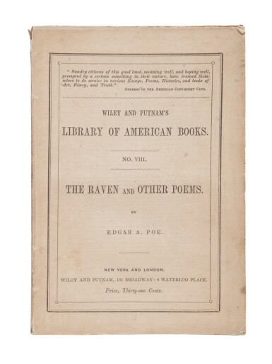 View full screen - View 1 of Lot 76. POE, EDGAR ALLAN | The Raven. New York: Wiley and Putnam, 1845.