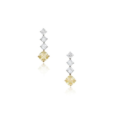 View full screen - View 1 of Lot 214. Pair of Fancy Intense Yellow Diamond and Diamond Earrings.