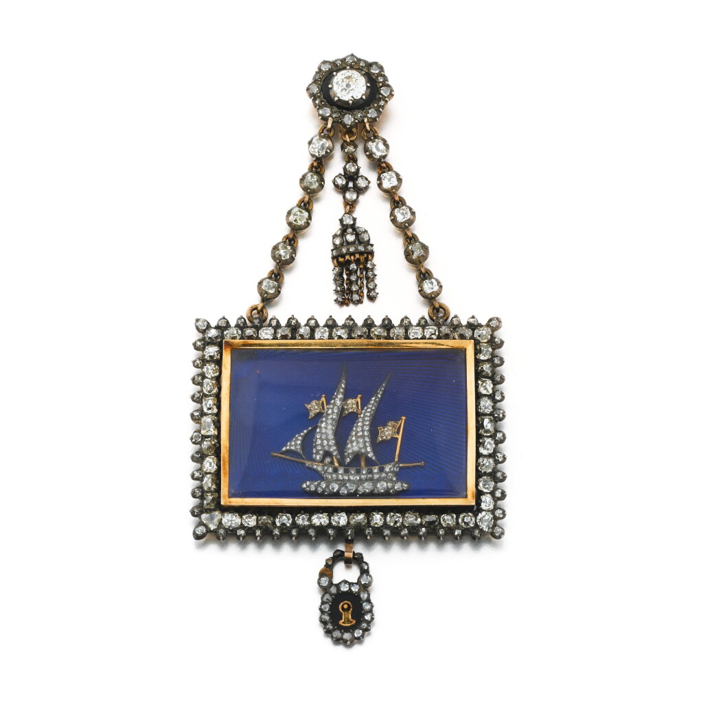 View full screen - View 1 of Lot 1026. An enamel, glass and diamond pendant with a ship, Central Europe, Circa 1780-90.