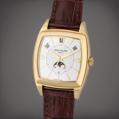 View full screen - View 1 of Lot 12. Reference 5135J-001 Gondolo Calendario | A yellow gold rectangular automatic annual calendar wristwatch with moon phases and 24 hours indication, Circa 2008.