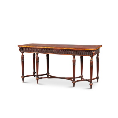 View full screen - View 1 of Lot 350. A George III style mahogany console table, late 19th century, in the manner of Robert Adam | Console en acajou de style George III, fin XIXe siècle, en la manière de Robert Adam.