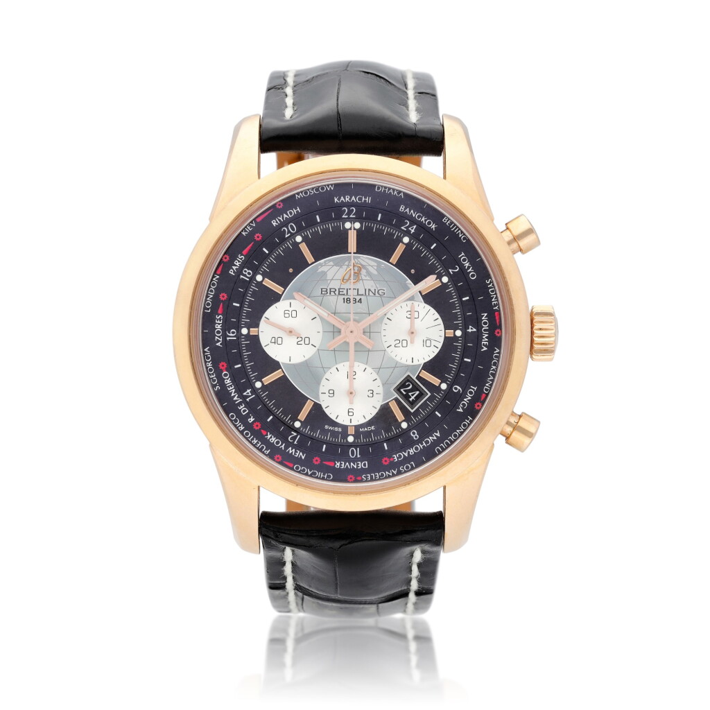 View full screen - View 1 of Lot 40. Breitling Transocean Chronograph Unitime reference RB0510 A pink gold automatic chronograph worldtime wristwatch with date, circa 2012.