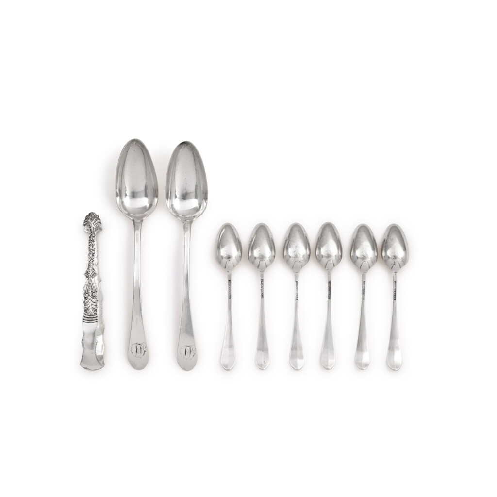 View full screen - View 1 of Lot 246. Two American Silver Tablespoons and Six Bird-back Teaspoons, Bancroft Woodcock / Isaac Woodcock, Wilmington Delaware, circa 1770 / circa 1790.