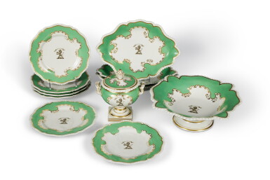 View full screen - View 1 of Lot 393. A Worcester (Flight, Barr and Barr) Green-Ground Crested Part-Dessert Service, Circa 1815.