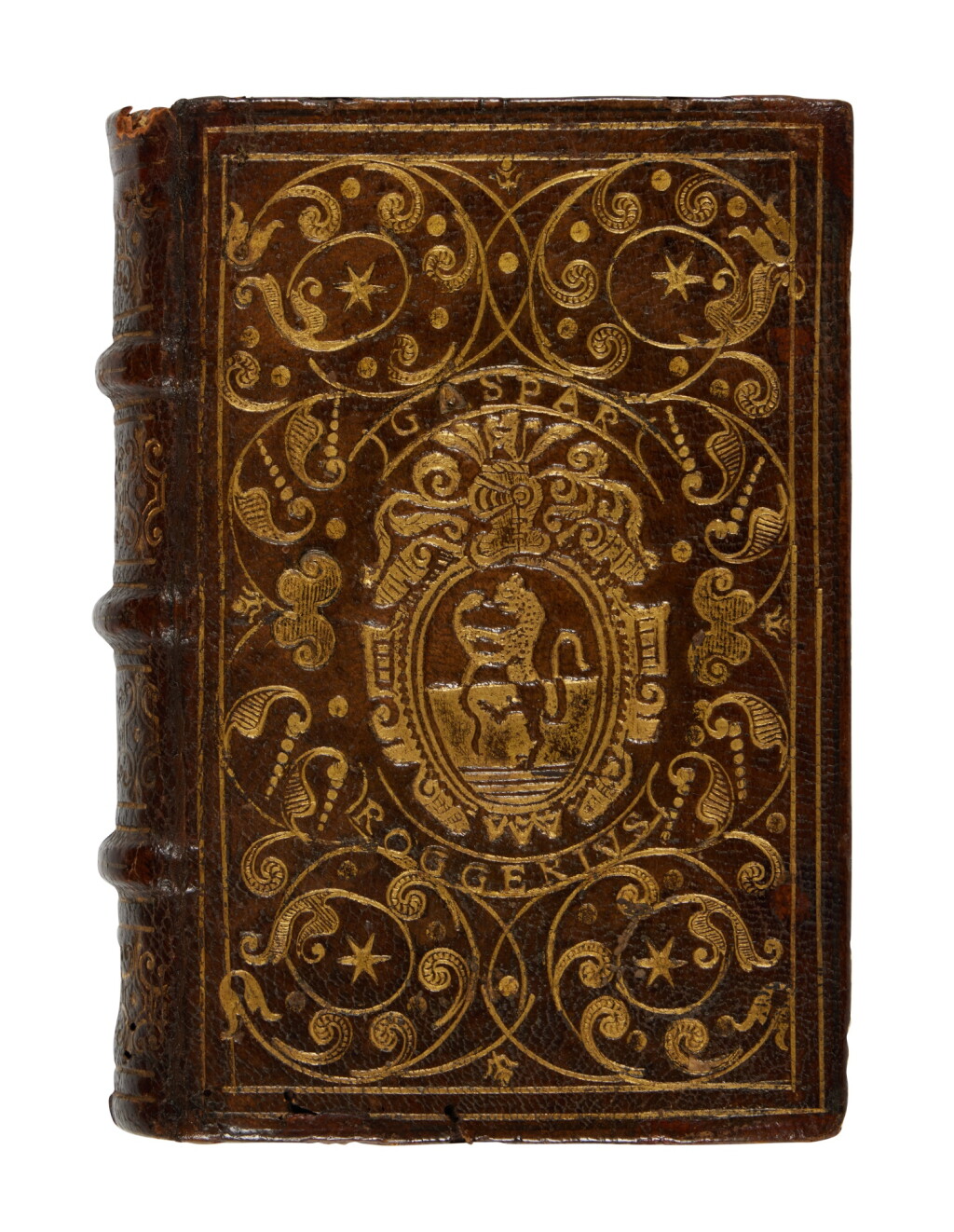 View full screen - View 1 of Lot 73. Plutarchus, Vitae comparatae, Lyon, 1566, Roman goatskin binding by the Soresini, given by Domenico Massimo to Gaspare Ruggeri.