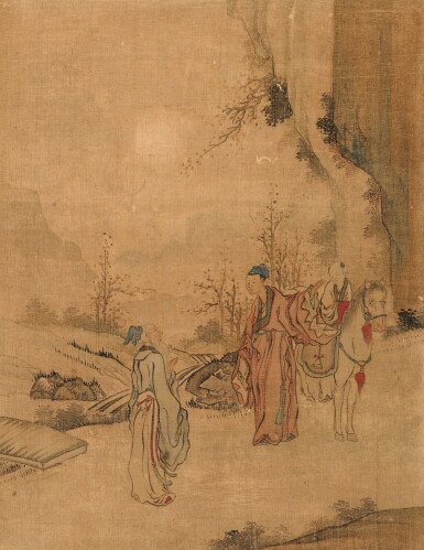 View full screen - View 1 of Lot 41. ANONYME, SCÈNES DE PERSONNAGES DYNASTIE QING, XIXE SIÈCLE | 清十九世紀 人物故事圖 設色絹本 九開冊 | Anonymous, Figural scenes, ink and colour on silk, album of nine leaves, Qing Dynasty, 19th century.
