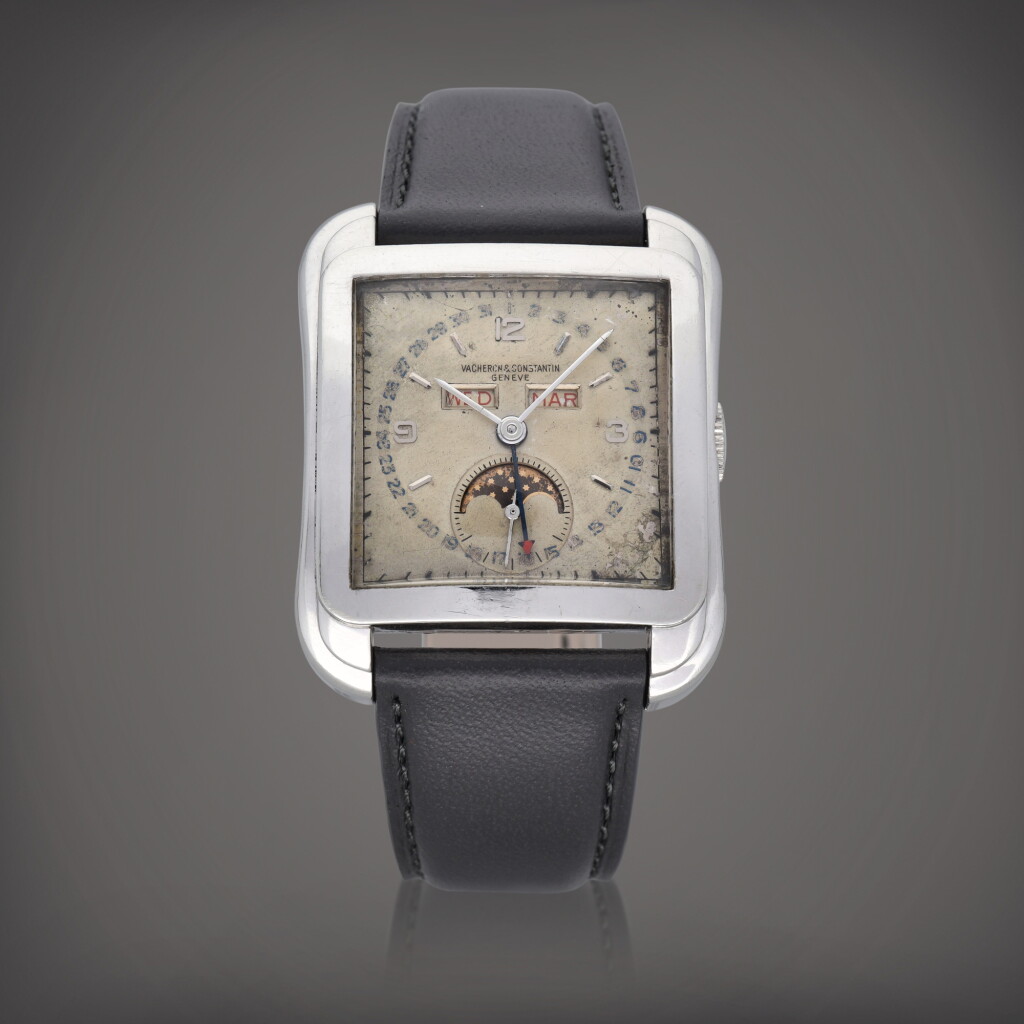 View full screen - View 1 of Lot 95. 'Cioccolatone', Reference 4764 A possibly unique platinum triple date wristwatch with moon phases Circa 1958 | 江詩丹頓 | 'Cioccolaton' 型號 4764 應為獨一無二鉑金全日期腕錶備月相顯示,製作年份約 1958.