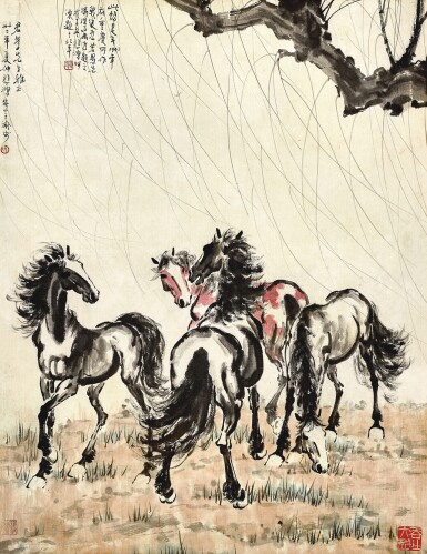 View full screen - View 1 of Lot 3194. 徐悲鴻 柳下群駿圖 | Xu Beihong, Four Horses Under the Willow.