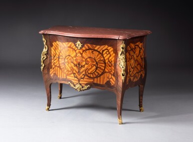 View full screen - View 1 of Lot 339. A Louis XV gilt-bronze mounted amaranth and plumwood veneered commode, probably by Delorme | Commode en marqueterie d'amarante et de bois de rose, bronze doré d'époque Louis XV, probablement par Delorme, estampille de BVRB .