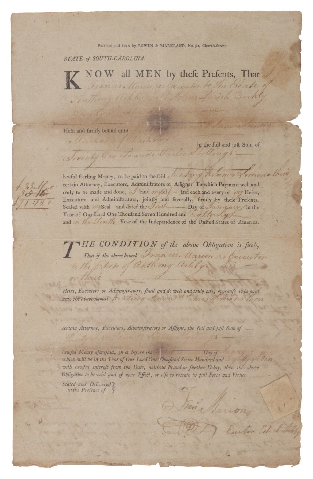 Voir en plein écran - Voir 1 du lot 50. Marion, Francis | The Swamp Fox acts as executor for the estate of comrade in arms.