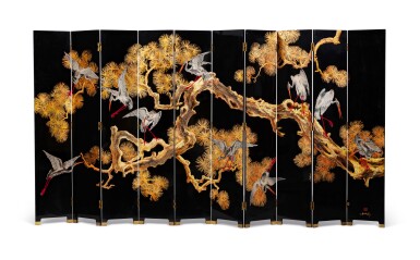 View full screen - View 1 of Lot 5. Thanh Le studio (1919-2003), An impressive ten-panel 'white egrets' lacquer screen | Thanh Le 工作室 (1919-2003), 黑漆地松鶴延年圖十扇屏風.