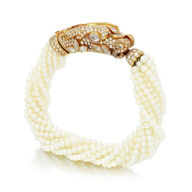 View full screen - View 1 of Lot 21. Pearl and diamond bracelet.