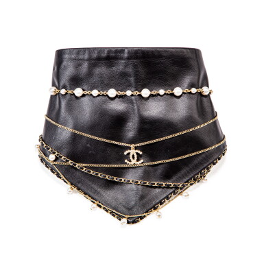 View full screen - View 1 of Lot 512. Black Lambskin Leather Bandana with Chains and Pearls.