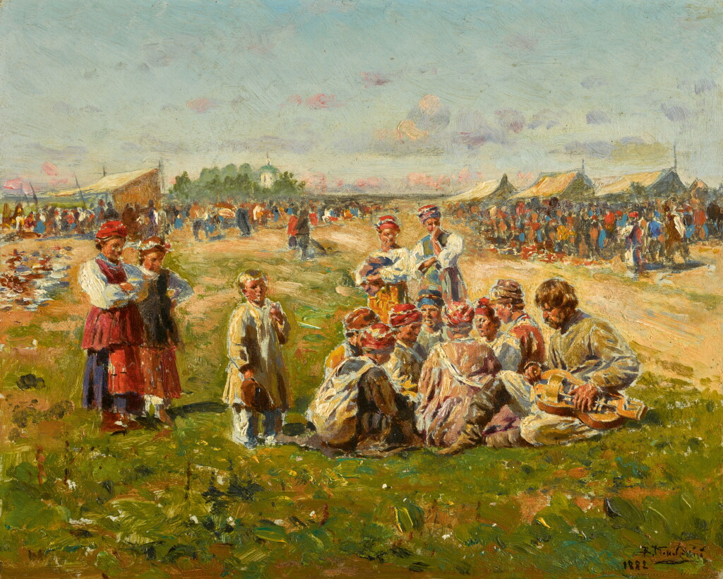 View full screen - View 1 of Lot 15. VLADIMIR EGOROVICH MAKOVSKY | Musicians at a Country Fair.