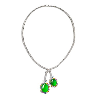 View full screen - View 1 of Lot 1692. Jadeite, Coloured Sapphire and Diamond Necklace | 天然翡翠 配 彩色剛玉 及 鑽石 項鍊.