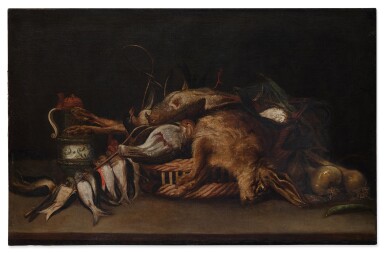 View full screen - View 1 of Lot 383. Still life with a hare, various birds, a blue and white ewer, garlic, and beans on a table.