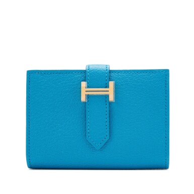 View full screen - View 1 of Lot 61. Blue Frida Chévre Mysore Mini Bearn Compact Wallet Gold Hardware, 2020.