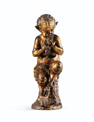 View full screen - View 1 of Lot 58. A GOLD PATINATED BRONZE SITTING FAUN, 19TH CENTURY | JEUNE FAUNE ASSIS EN BRONZE À PATINE DORÉE, TRAVAIL FRANÇAIS DU XIXÈME SIÈCLE.