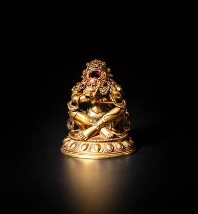 View full screen - View 1 of Lot 11. A gilt-bronze figure of Vajradaka, Qing dynasty, 18th century | 清 十八世紀 銅鎏金噉食空行母坐像.