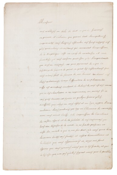 View full screen - View 1 of Lot 31. Lettre autographe signée à Constantijn Huygens. Utrecht, 1er nov 1635. 3 p. Remarquable lettre sur la dioptrique et son Discours qu'il est en train d'écrire.