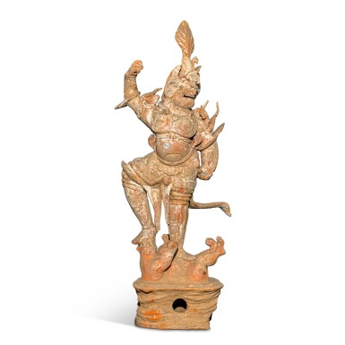 View full screen - View 1 of Lot 10. A painted pottery figure of a lokapala, Tang dynasty.