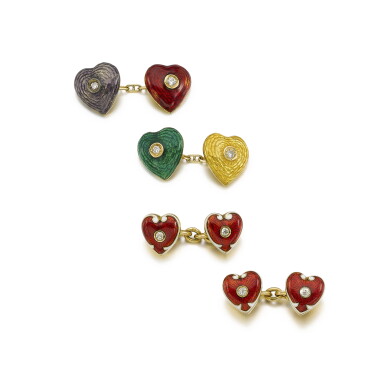 View full screen - View 1 of Lot 195. Two Pairs of Enamel and Diamond Cufflinks.