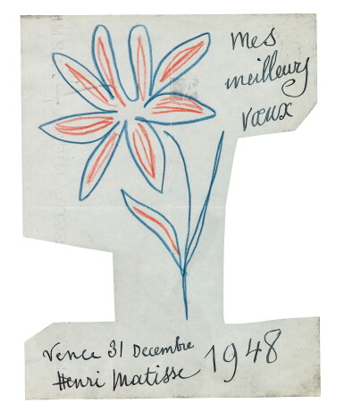 View full screen - View 1 of Lot 154. Dessin original signé. 1948. Grande fleur, au crayon rouge et bleu..