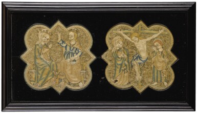 View full screen - View 1 of Lot 36. TWO MEDIEVAL OPUS ANGLICANUM EMBROIDERED AND METAL-THREAD BURSE PANELS, ENGLISH, CIRCA 1320-1330.