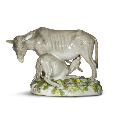 View full screen - View 1 of Lot 52. A Meissen group of an ass nursing her foal, circa 1745-50.