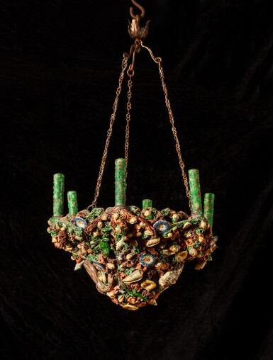 View full screen - View 1 of Lot 343. A Continental pottery Palissy-style trompe l’oeil small six-light chandelier, second-half 19th century.