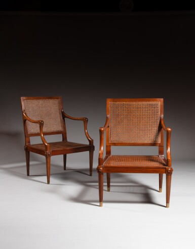 View full screen - View 1 of Lot 47. A pair of Louis XVI mahogany caned fauteuils, circa 1780, stamped by Pierre Garnier.