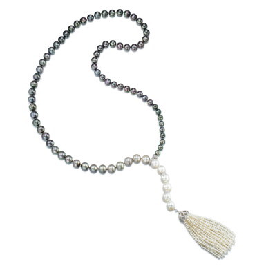 View full screen - View 1 of Lot 610. Cultrued Pearl And Diamond Tassel Necklace | 養殖珍珠 配 鑽石 項鏈.