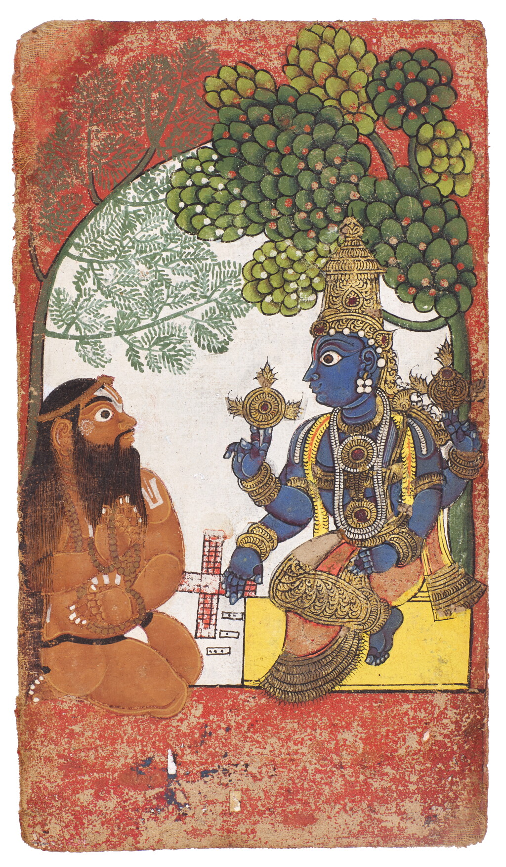 View full screen - View 1 of Lot 175. A double-sided illustrated folio: Vishnu as Venkateshwara playing a game of dice with an ascetic named Hathiram Baba, the reverse with Narasimha and Lakshmi, South India, Andhra Pradesh, probably Tirupati, early 18th century.