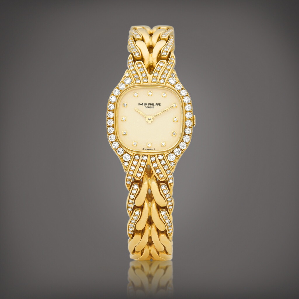 View full screen - View 1 of Lot 8807. La Flamme, Reference 4815 | A yellow gold and diamond-set bracelet watch, Circa 1990 | 百達翡麗 | La Flamme 型號4815 | 黃金鑲鑽石鏈帶腕錶,約1990年製.