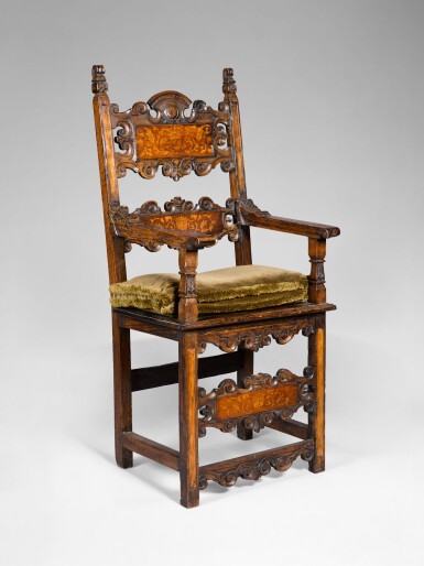 View full screen - View 1 of Lot 525. A South German or Italian inlaid walnut armchair, part 17th century .