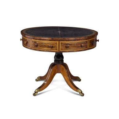 View full screen - View 1 of Lot 524. A Regency Satinwood Banded and Brass Inlaid Rosewood Drum Table, Circa 1815.