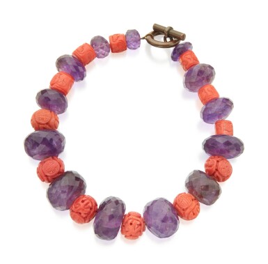View full screen - View 1 of Lot 128. AMETHYST, CORAL AND GLASS NECKLACE.