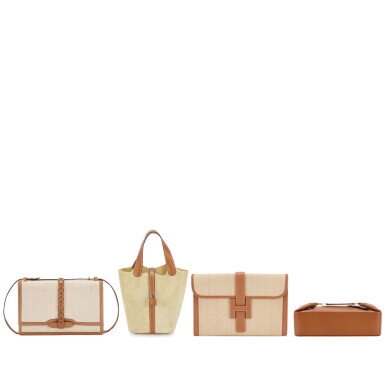 View full screen - View 1 of Lot 671. Set of Four Limited Edition Jaune Poussin Doblis and Naturel Sable Butler Picotin Lock 18, Vintage Crinoline and Vache Naturelle Shoulder Bag, Vintage Crinoline and Vache Naturelle Jige Elan and Vintage Gold Courchevel Poche Cloche.
