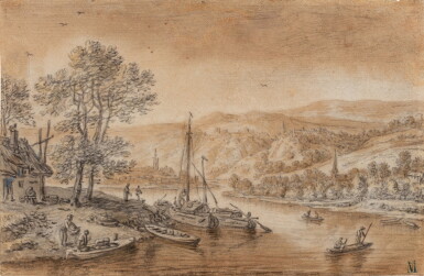 View full screen - View 1 of Lot 31. A Rhine landscape, with boats and figures in the foreground.