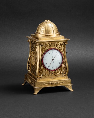 View full screen - View 1 of Lot 178. Rare pendule en bronze doré et incrustations de pierres dures pour le marché chinois Angleterre, Londres, époque Georges III, ca. 1780 | 英國倫敦 喬治三世 約1780年 John Mottram 鎏金銅嵌寶中國市場音樂座鐘 | A rare George III ormolu quarter striking musical table clock for the Chinese market, John Mottram, London, circa 1780.