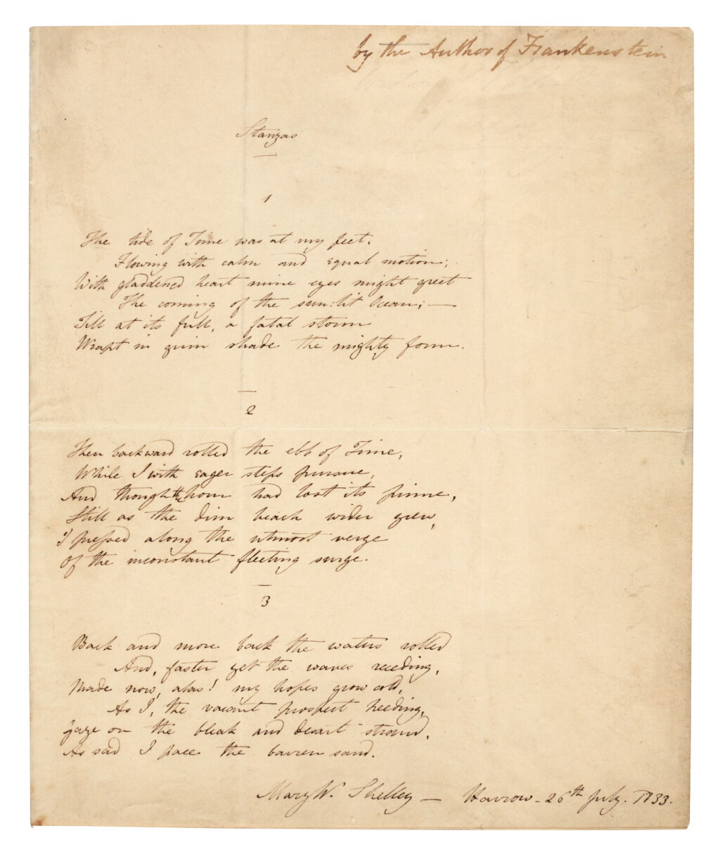 View full screen - View 1 of Lot 142. Mary Shelley | autograph manuscript poem ("The tide of Time was at my feet"), 1833.