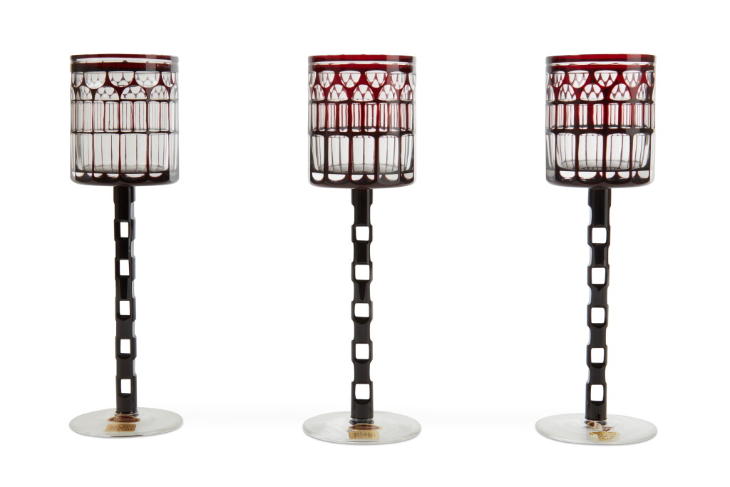 View full screen - View 1 of Lot 83. Three Moser Red-Overlay Cut Glasses, Modern.