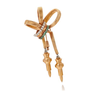 View full screen - View 1 of Lot 44. BOUCHERON | EMERALD AND DIAMOND BROOCH (SPILLA CON SMERALDI E DIAMANTI) .