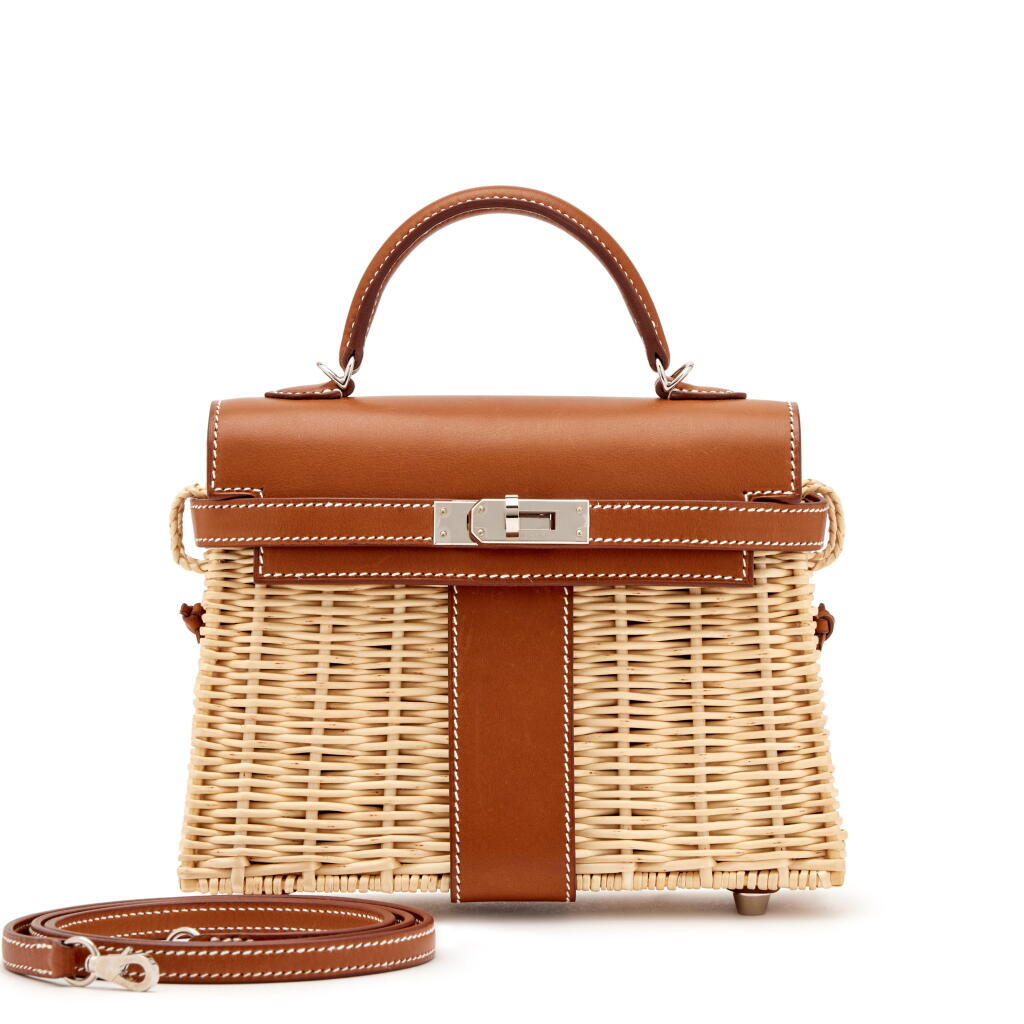 View full screen - View 1 of Lot 37. Gold Barenia and Osier Wicker Mini Kelly Picnic 20 Palladium Hardware, 2021.